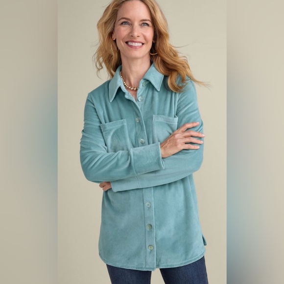 Soft Surroundings|Soft teddy button down shirt jacket (shacket) in blue•••Size L - Picture 2 of 15